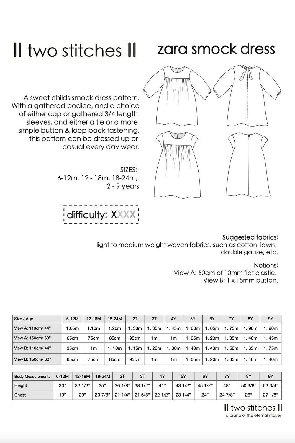 Zara Smock Dress - Kids Paper Sewing Pattern - Two Stitches Patterns