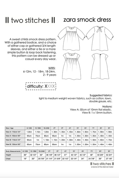 Zara Smock Dress - Kids Paper Sewing Pattern - Two Stitches Patterns