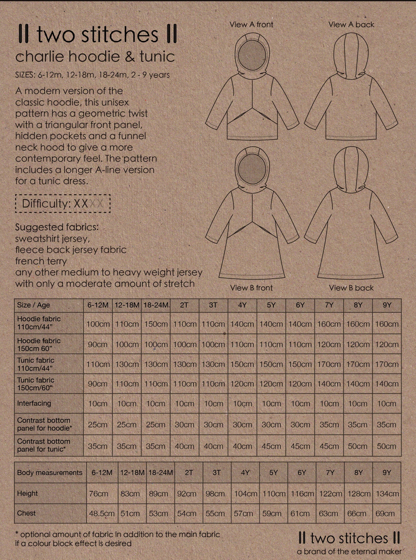 Charlie Hoodie & Tunic - Kids Paper Sewing Pattern - Two Stitches Patterns