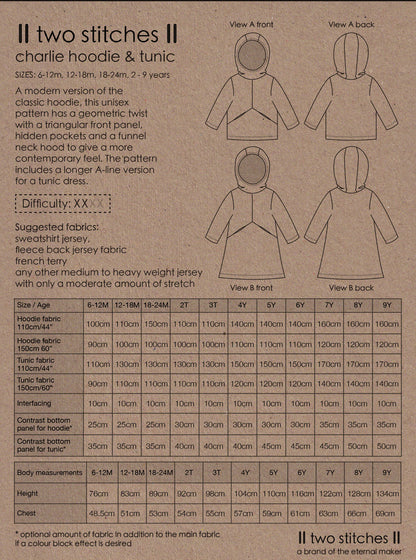 Charlie Hoodie & Tunic - Kids Paper Sewing Pattern - Two Stitches Patterns