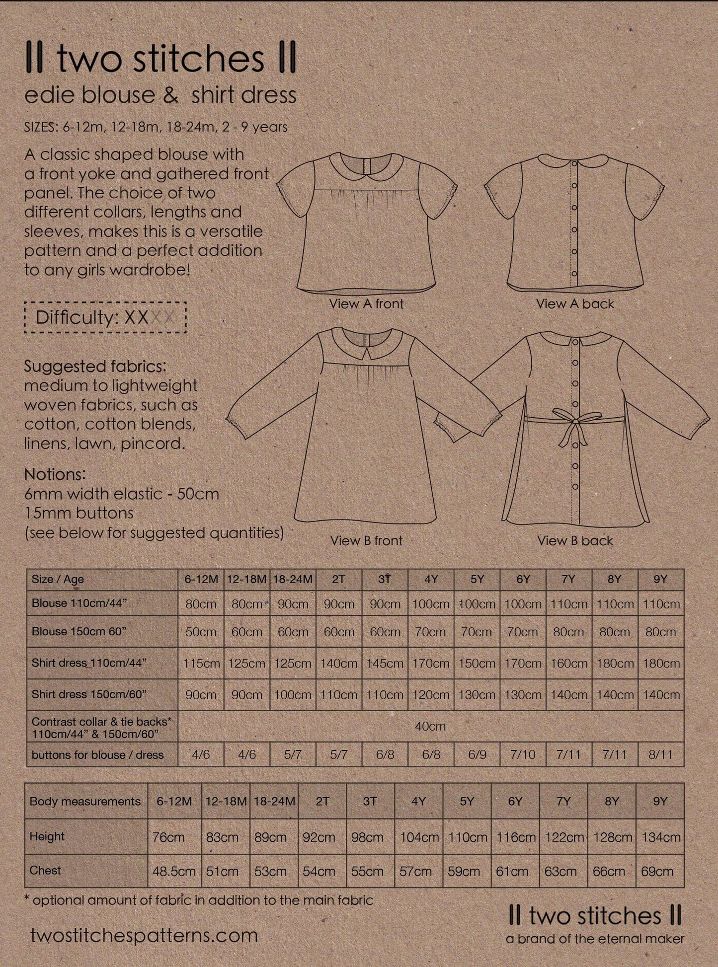 Edie Blouse & Shirtdress - Kids Paper Sewing Pattern - Two Stitches Patterns