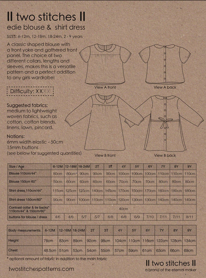 Edie Blouse & Shirtdress - Kids Paper Sewing Pattern - Two Stitches Patterns