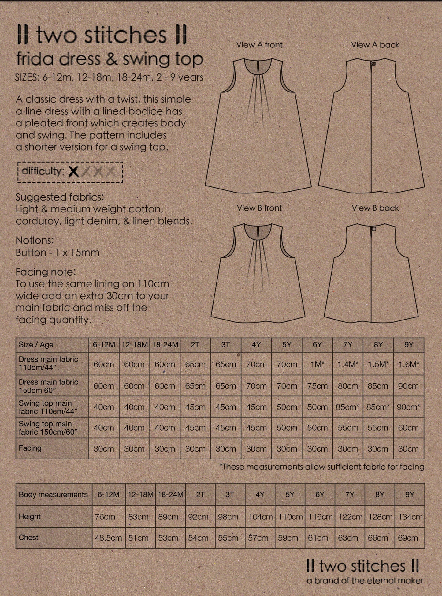 Frida Dress & Swing Top - Kids Paper Sewing Pattern - Two Stitches Patterns