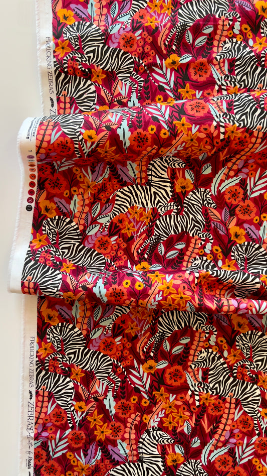 Frolicking Zebras Red - Zebras - Maria Galybina - Cloud 9 Fabrics - Poplin