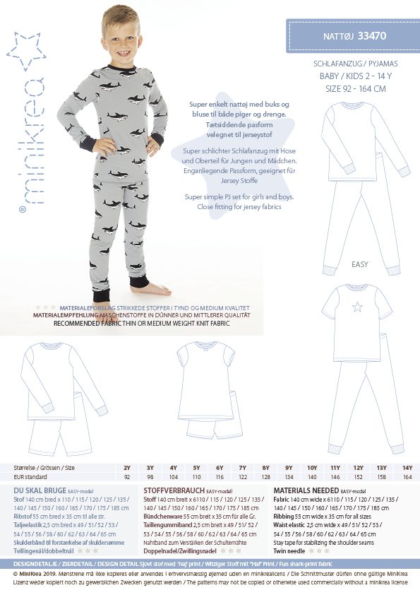 Baby / Kids Pyjamas - Minikrea - Pattern - 2 - 12 Years - Simplifi Fabric