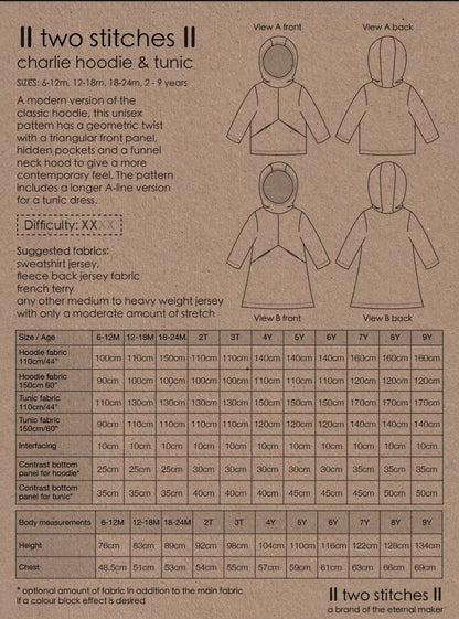 Charlie Hoodie & Tunic - Kids Paper Sewing Pattern - Two Stitches Patterns - Simplifi Fabric