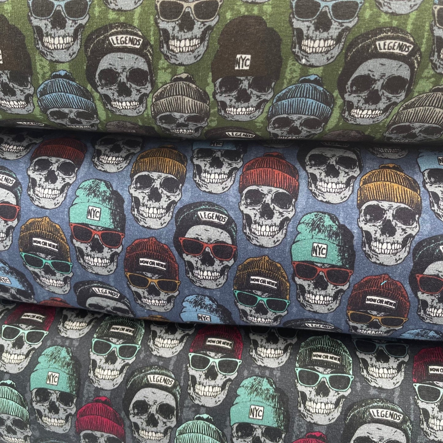 European Cotton Stretch Alpensweat - Skulls - Oeko - Tex® - Army Green - Simplifi Fabric