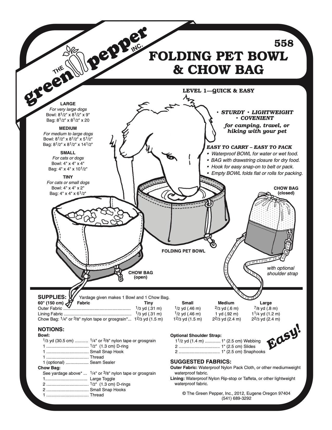 Folding Pet Bowl & Chow Bag Pattern - 558 - The Green Pepper Patterns - Simplifi Fabric