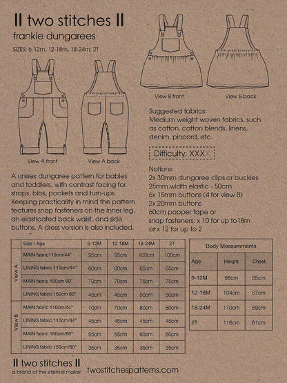 Frankie Dungarees & Dress (6mo-2years) - Kids Paper Sewing Pattern - Two Stitches Patterns