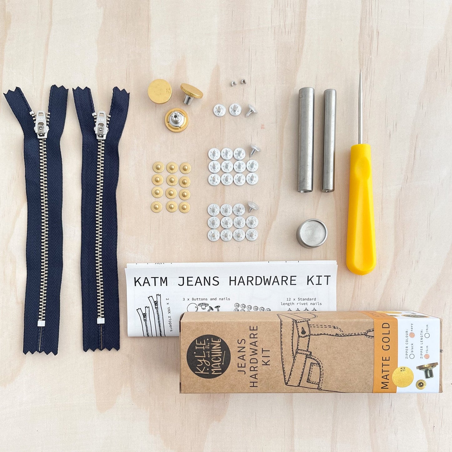 Jeans Hardware Kit - Navy Zipper / Matte Gold Hardware - Kylie And The Machine - Simplifi Fabric