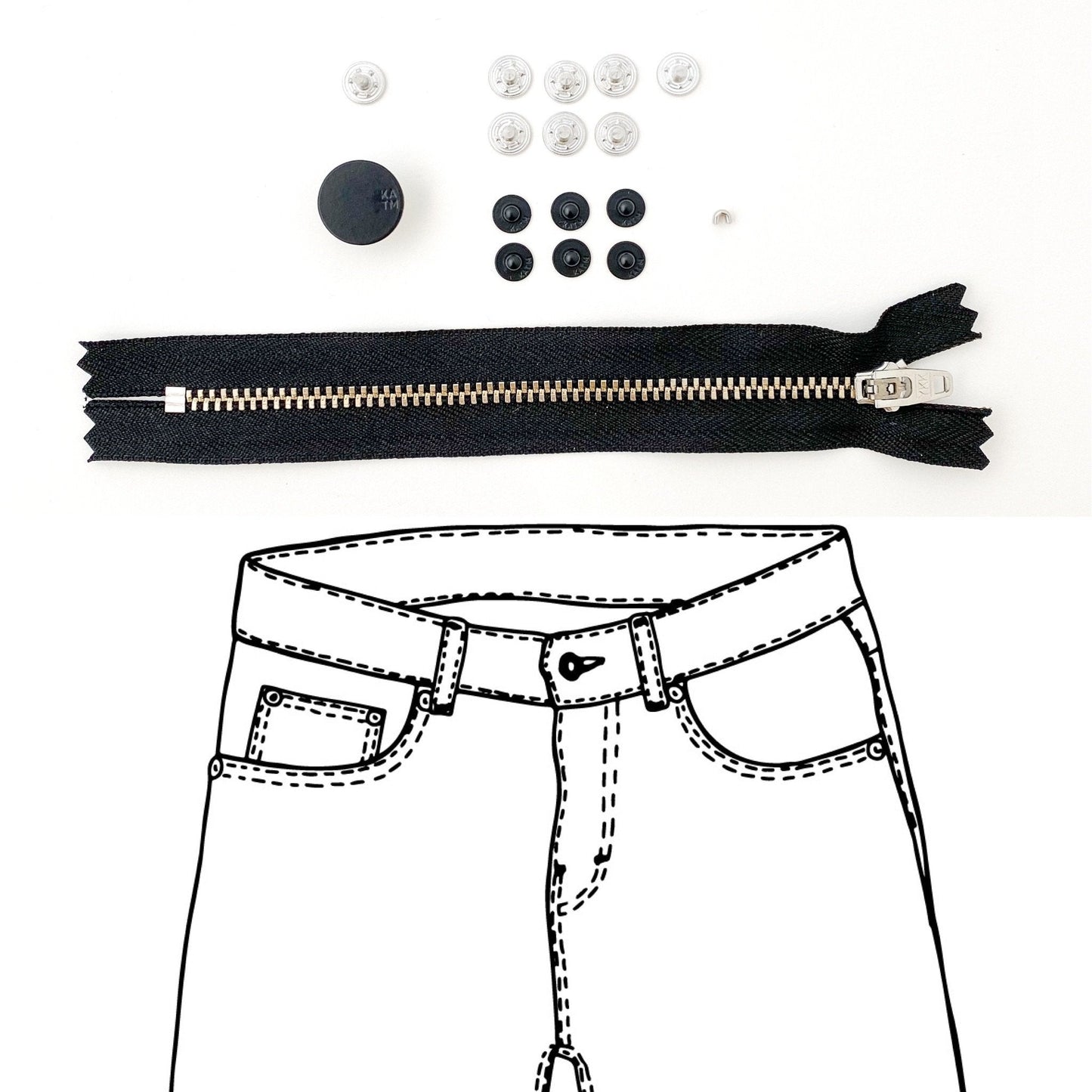 Jeans Hardware Kit - REFILL KIT - Black Zipper / Matte Black Enamel Hardware - Kylie And The Machine - Simplifi Fabric