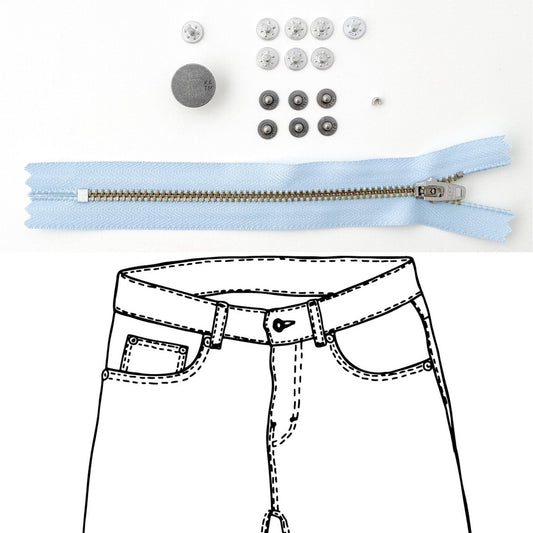 Jeans Hardware Kit - REFILL KIT - Light Blue Zipper / Pewter Hardware - Kylie And The Machine - Simplifi Fabric