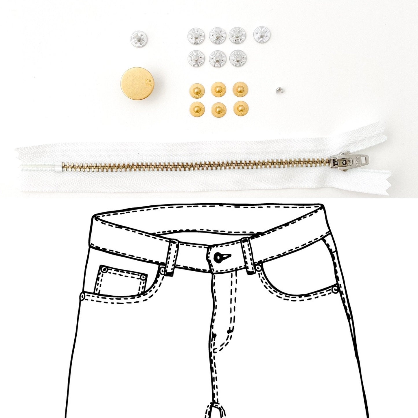 Jeans Hardware Kit - REFILL KIT - White Zipper / Gold Hardware - Kylie And The Machine - Simplifi Fabric