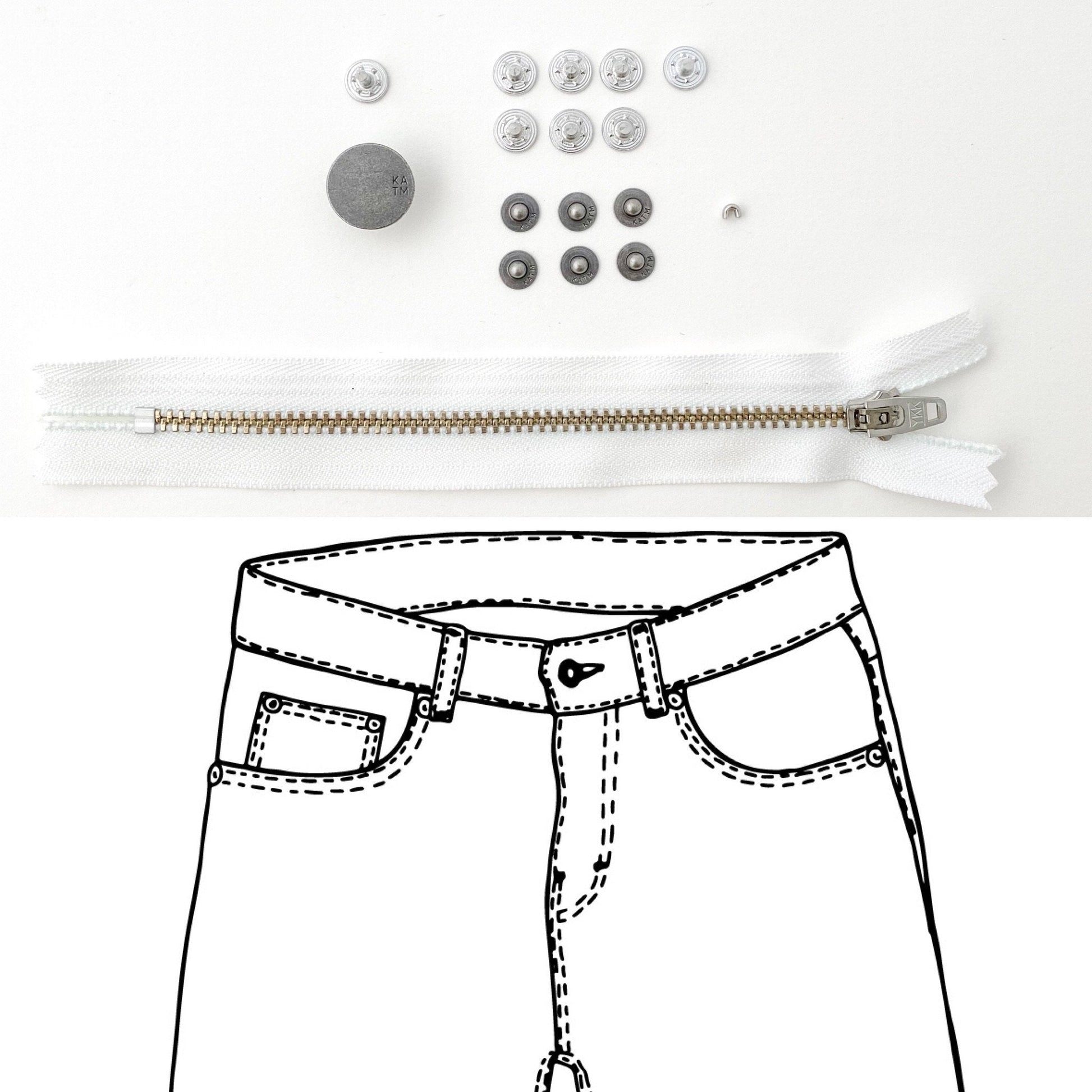 Jeans Hardware Kit - REFILL KIT - White Zipper / Pewter Hardware - Kylie And The Machine - Simplifi Fabric