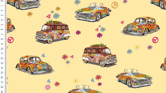 Jersey Digital Hippy Cars - European Import - Oeko - Tex® - Light Yellow - Simplifi Fabric