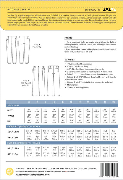 Mitchell Trouser Pattern (0 - 20) - Closet Core Patterns - Simplifi Fabric