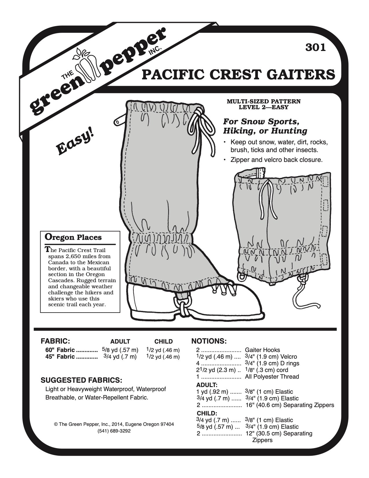 Pacific Crest Gaiters Pattern - 301 - The Green Pepper Patterns - Simplifi Fabric