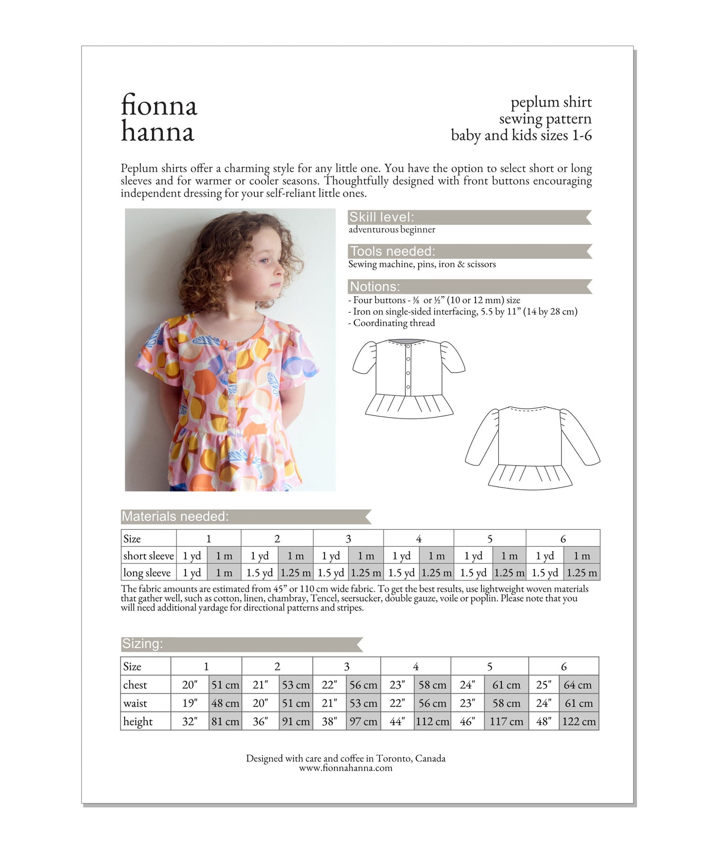 Peplum Shirt Childrens Sewing Pattern - Fiona Hanna