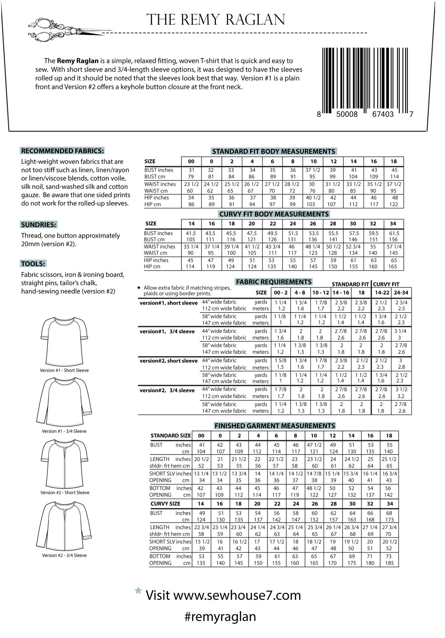 Remy Raglan Top Sewing Pattern - Sew House Seven - Simplifi Fabric