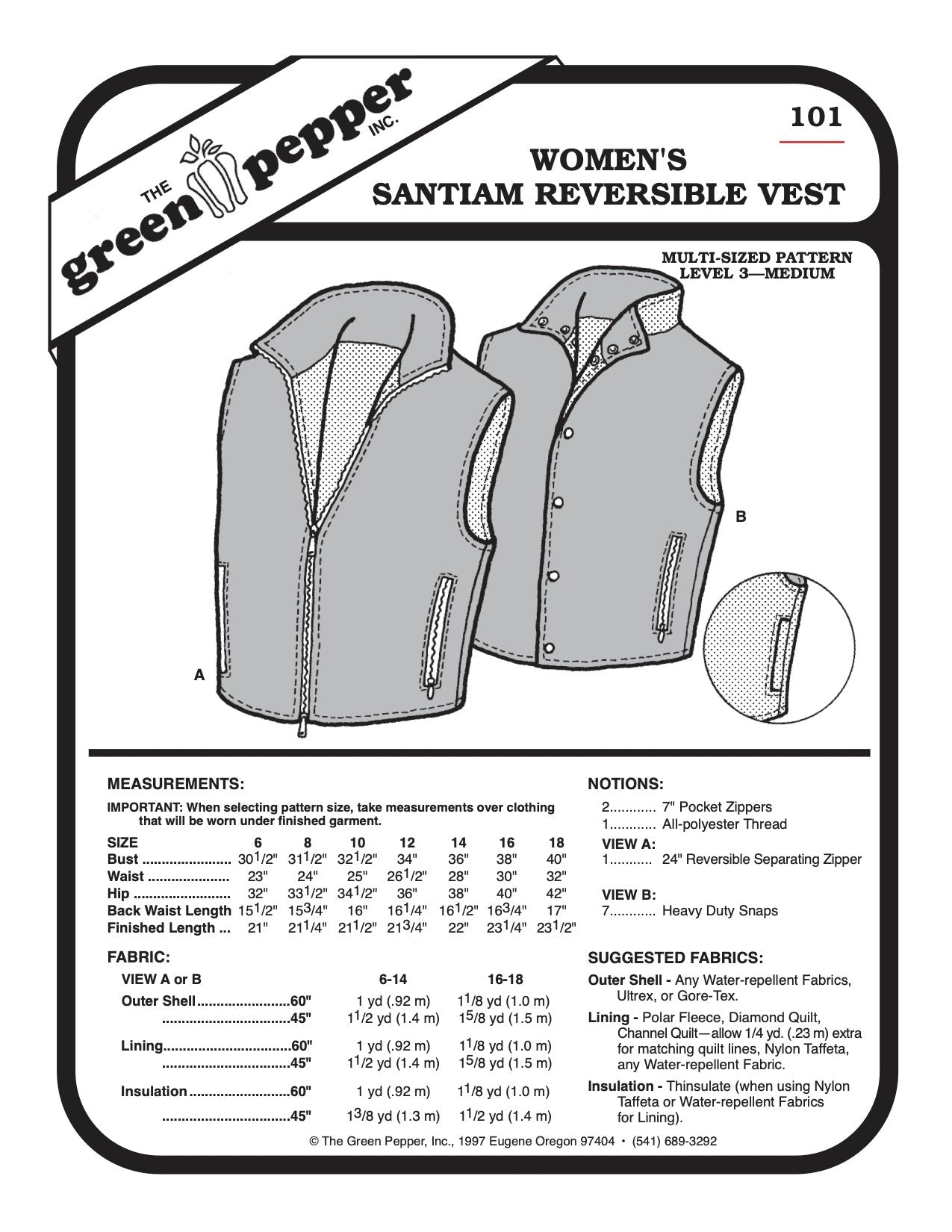 Women’s Santiam Reversible Vest Pattern - 101 - The Green Pepper Patterns - Simplifi Fabric