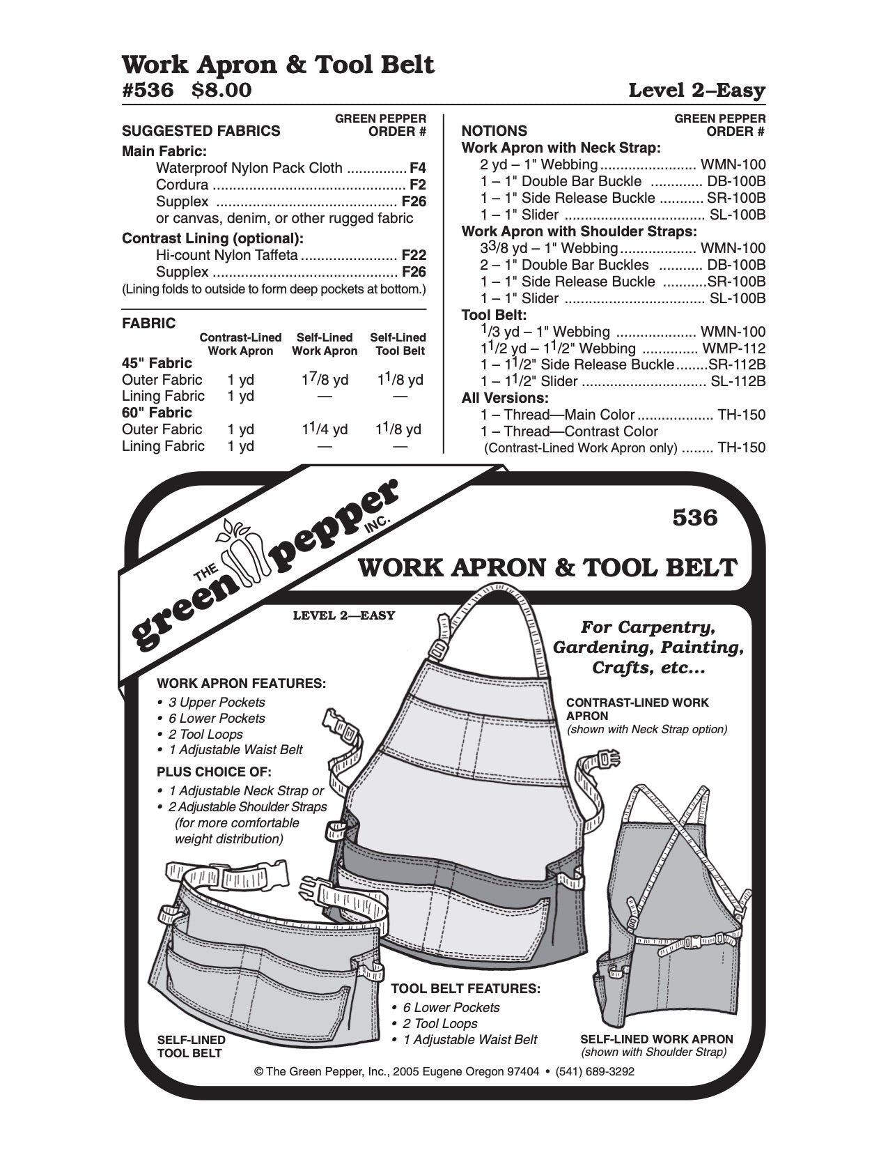 Work Apron & Tool Belt Pattern - 536 - The Green Pepper Patterns - Simplifi Fabric