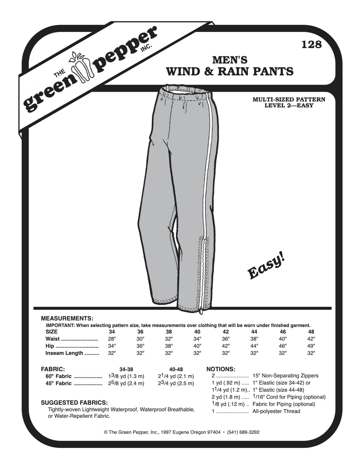 Adult Wind & Rain Pants Pattern - 128 - The Green Pepper Patterns