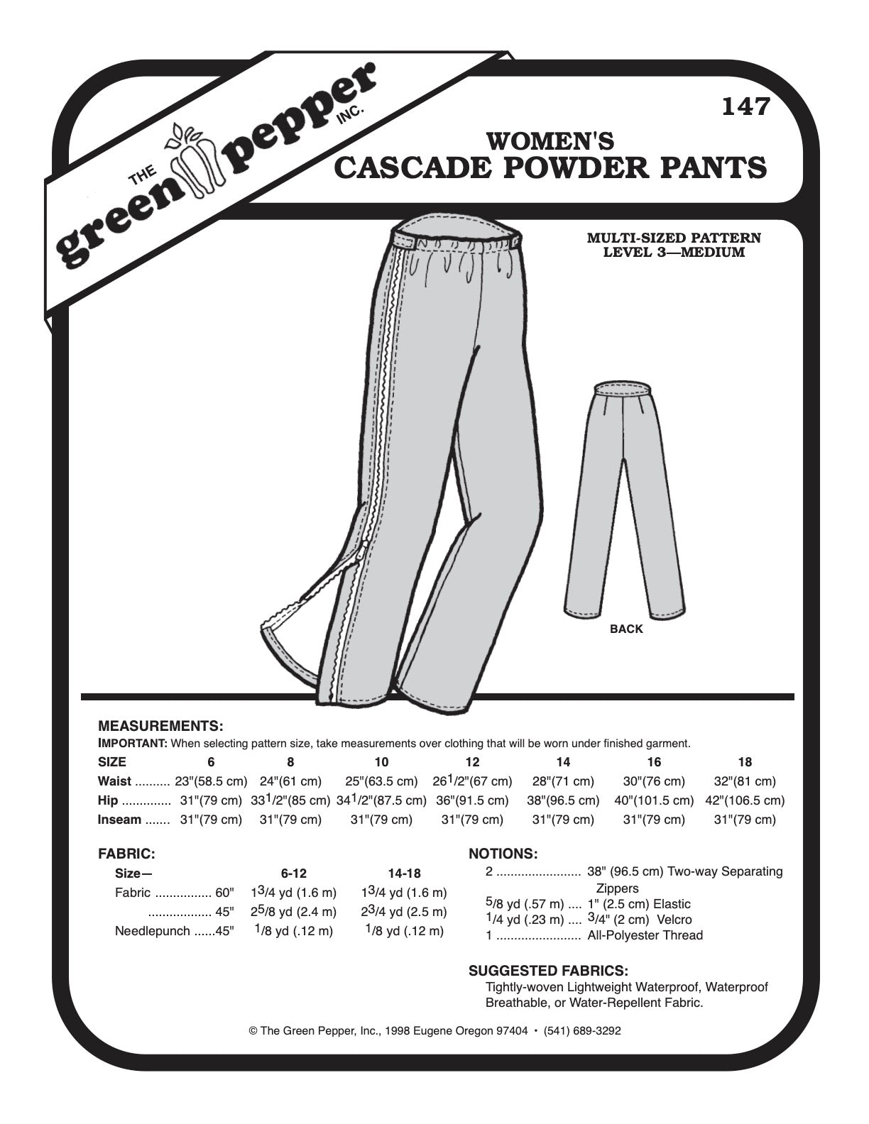 Women’s Cascade Powder Pants Pattern - 147 - The Green Pepper Patterns