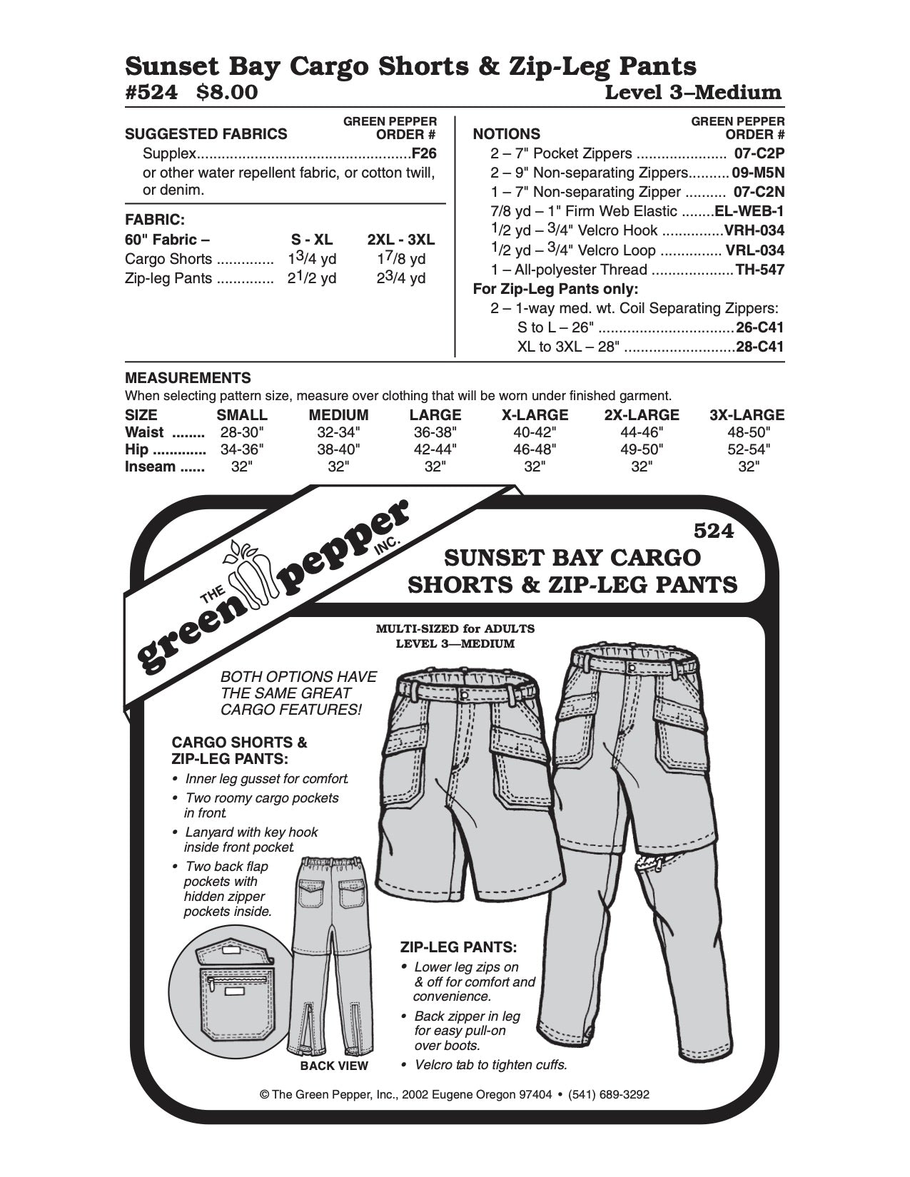 Adult's Sunset Bay Cargo Shorts & Zip Leg Pants Pattern - 524