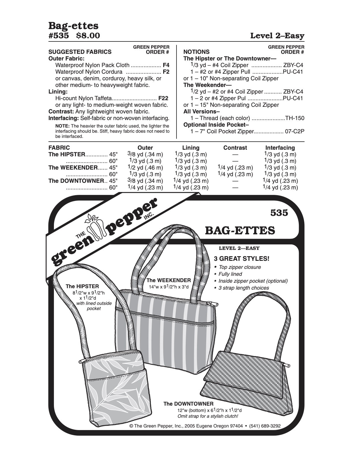 Bag-ettes Pattern - 535 - The Green Pepper Patterns