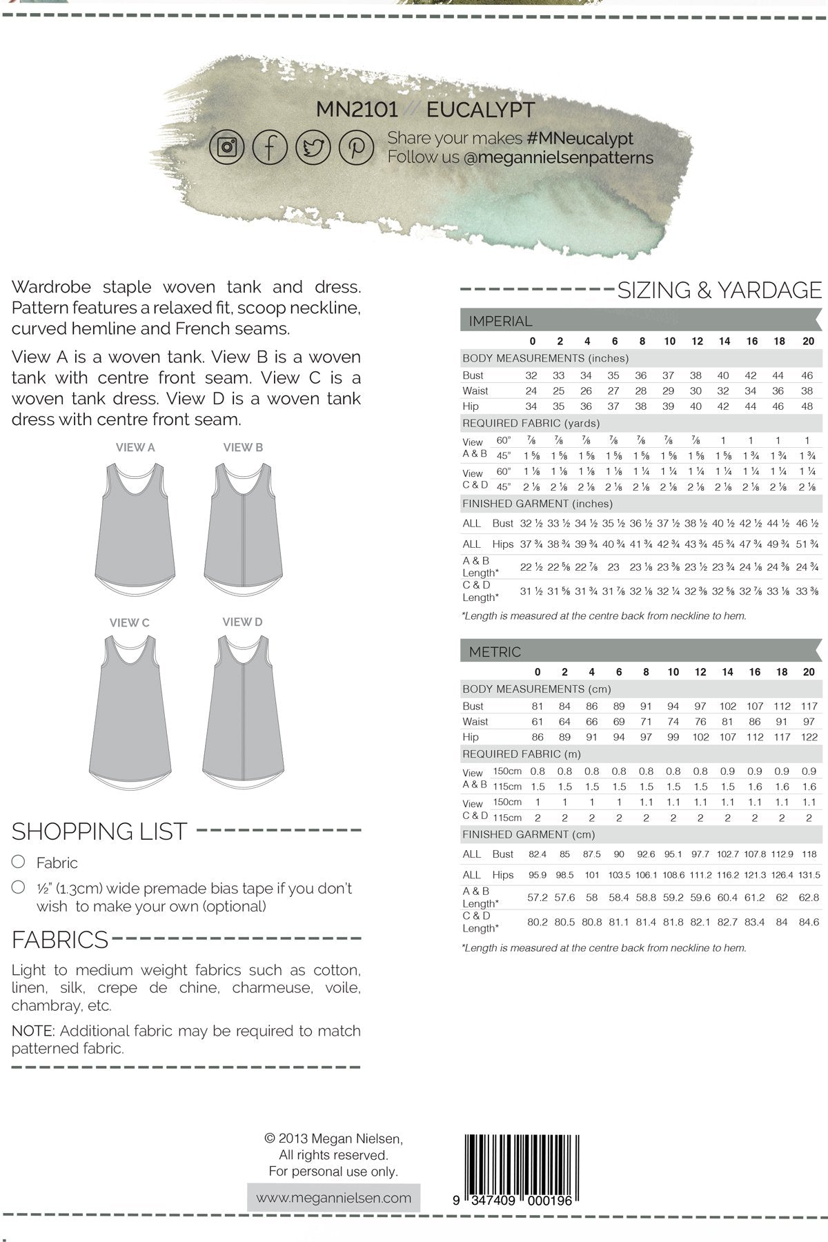 Eucalypt Woven Tank Top and Dress - Megan Nielsen Patterns - Sewing Pattern