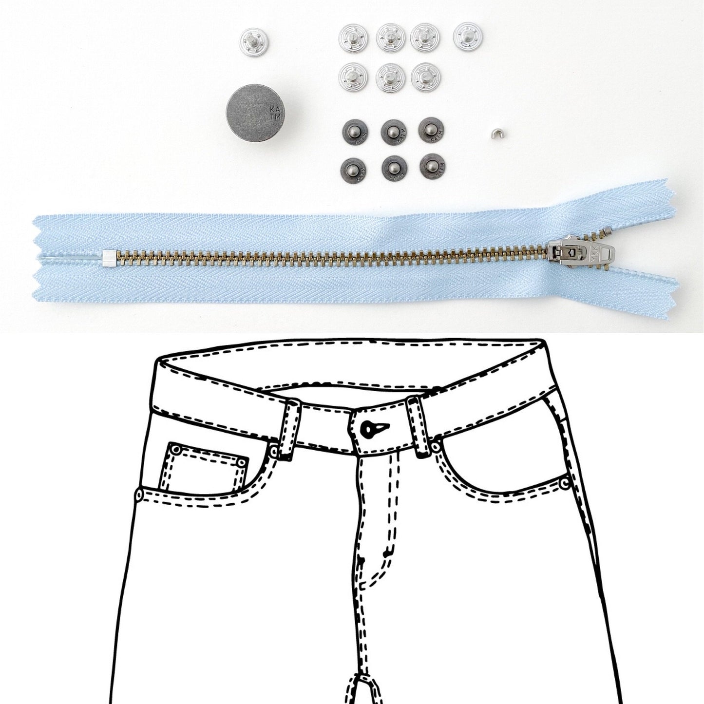 Jeans Hardware Kit - REFILL KIT -  Light Blue Zipper / Pewter Hardware - Kylie And The Machine
